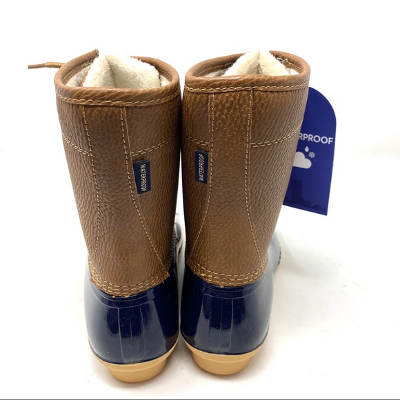 New in Box Brown Navy Blue Faux Fur Vegan Leather Waterproof Duck Boots - Picture 6 of 11